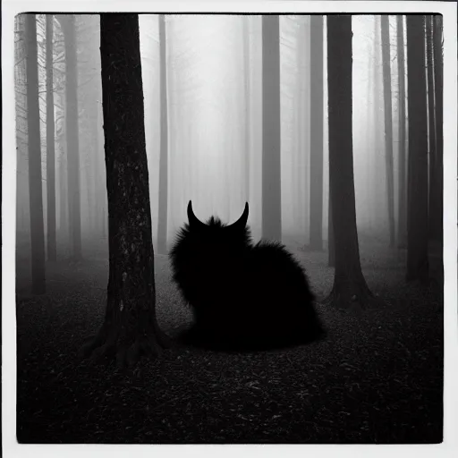 Prompt: giant black fluffy demon in the centre of misty forest, monochrome lomography
