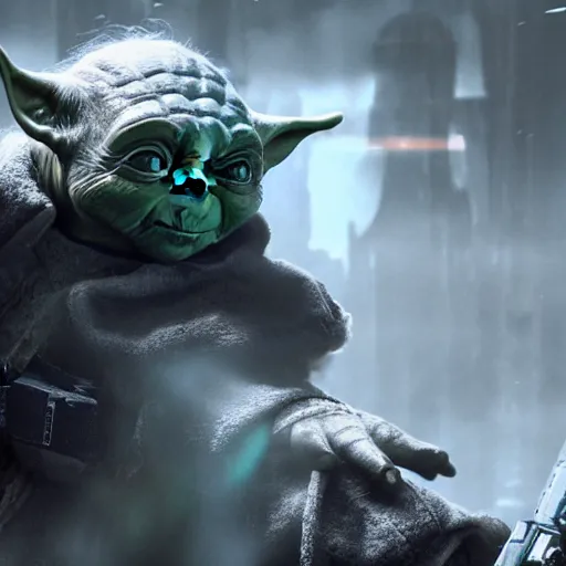 Image similar to Yoda in gears of war, splash art, movie still, detailed face, cinematic lighting, dramatic, octane render, long lens, shallow depth of field, bokeh, anamorphic lens flare, 8k, hyper detailed, 35mm film grain