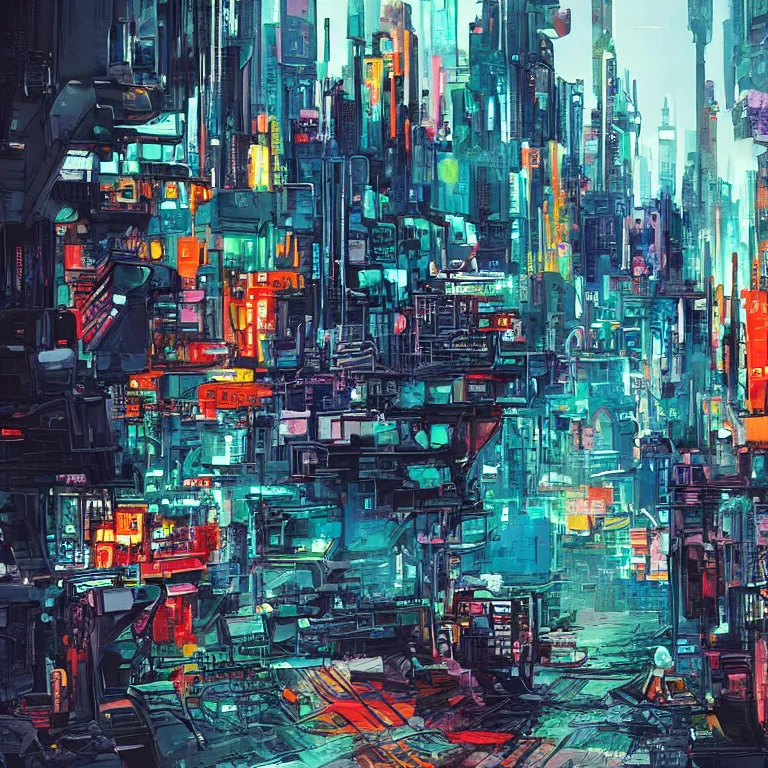 Image similar to Street-art painting or cyberpunk city in style of soviet retro futurism