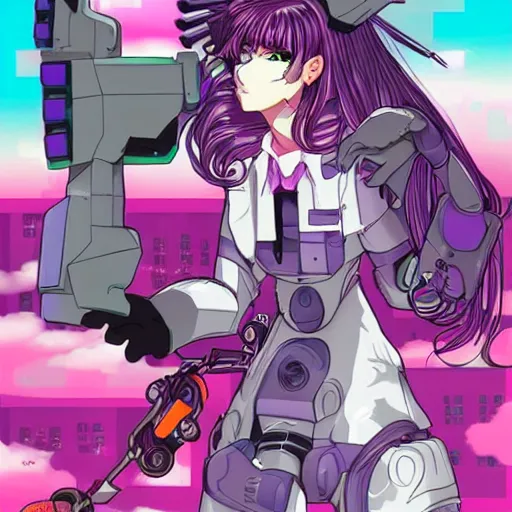 Image similar to vaporwave, emogirl, catgirl, pig, Eva, robots from Eva