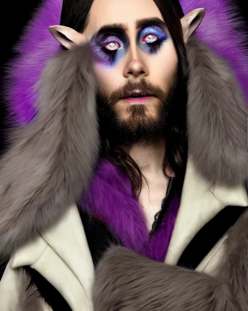 Image similar to Jared Leto with Wolf Eyes, goat ears, and purple fur, wearing Haider Ackerman, Rick Baker Style makeup, photo-real, Artstation, in the style of Annie Leibovitz