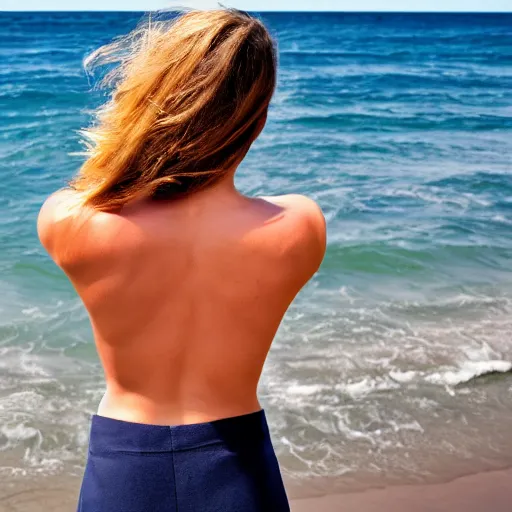 Image similar to hi resolution of woman's back as she faces the ocean