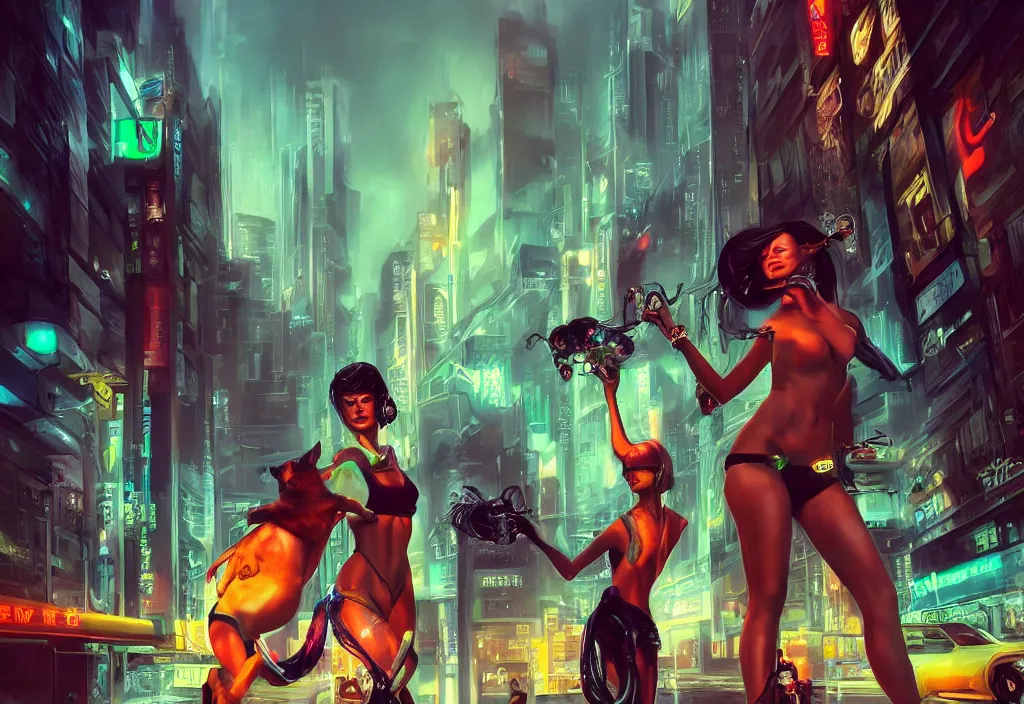 Image similar to a beautiful woman holding a crazy creature on a leash, cyberpunk style, futuristic, realism, wide shot, busy street, dramatic lighting, neon signs, digital art, 8k resolution, high detail, by Boris Vallejo