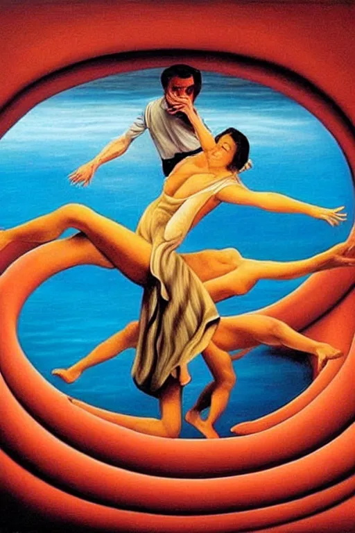 Prompt: optical illusion painting of a couple dancing in a worm hole, illusionism, look twice, mind blow, by leandro erlich and salvador dali, detailed