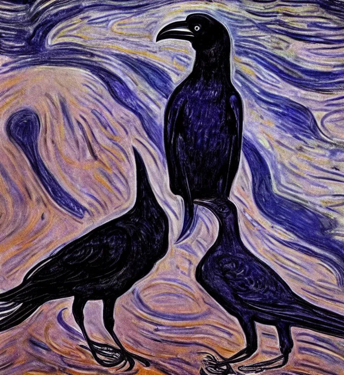 Image similar to epic digital art, realistic, extreme detail, by edvard munch of artistic form coming into being as two elements are successfully fused, raven bird.