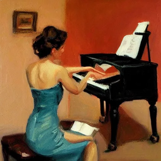 Image similar to a painting of a woman playing a piano, an acrylic painting by Raymond Leech, featured on pinterest, figurative art, oil on canvas, acrylic art, art on instagram