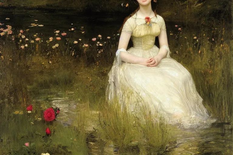 Prompt: a virtuosic portrait of a beautiful young girl drowned, floating in the dark waters of a river surrounded by high green grass and many fine flowers, wearing a nicely crafted antique dress, by sir john everett millais, realistic, hyperdetailed, ethereal, sad, masterpiece, oil painting