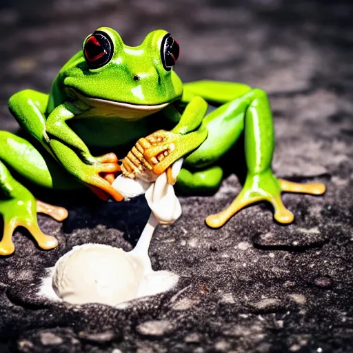 Prompt: a frog eating ice cream on a hot summer day photography realistic