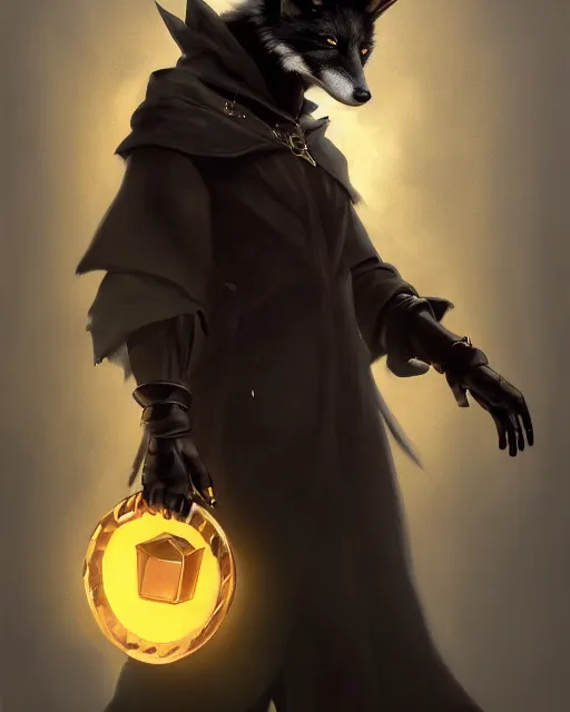 Prompt: oil painting of Anthropomorphized dark Fox thief, holding bag of gold coins, wearing dark cloak, mischievous look, full body, sharp focus, fantasy style, octane render, volumetric lighting, 8k high definition, by greg rutkowski, highly detailed, trending on art Station, magic the gathering artwork, dark city backround