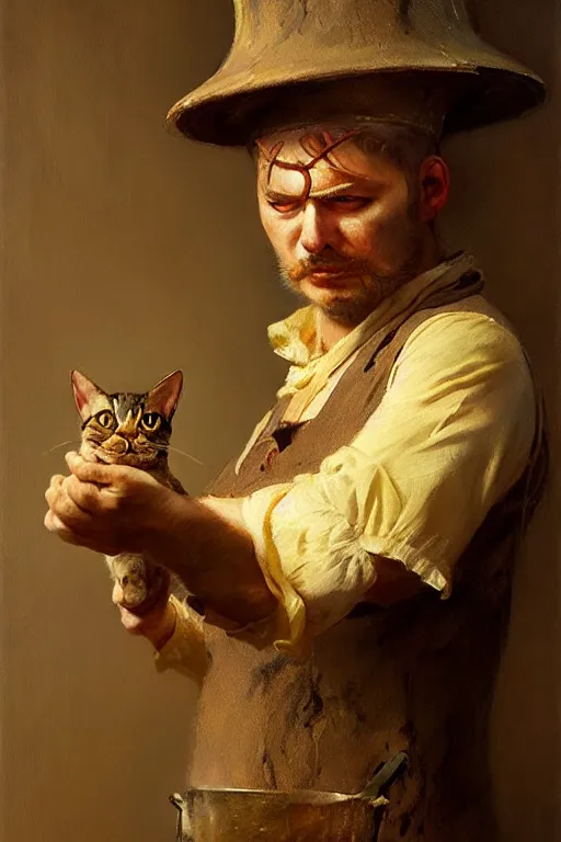 Image similar to a portrait of a cat dressed as a cook, high detail, cleary see face, by gaston bussiere, bayard wu, greg rutkowski, odd nerdrum, maxim verehin, dan dos santos, masterpiece, sharp focus, cinematic lightning