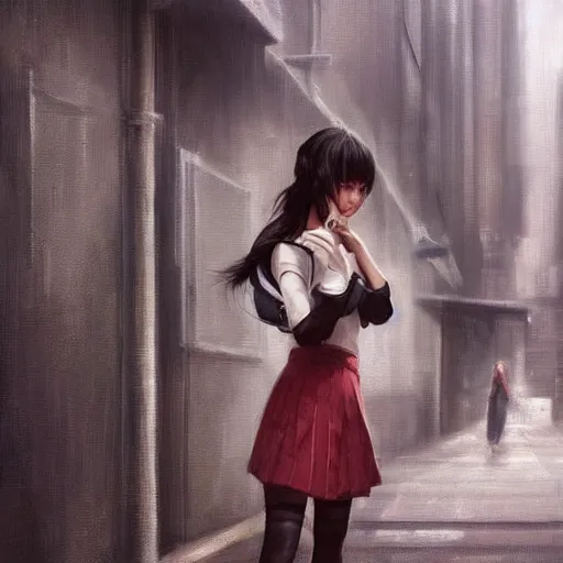 Image similar to a perfect, realistic professional oil painting of a Japanese schoolgirl posing in a dystopian alleyway, style of Marvel, full length, by a professional American senior artist on ArtStation, a high-quality hollywood-style concept