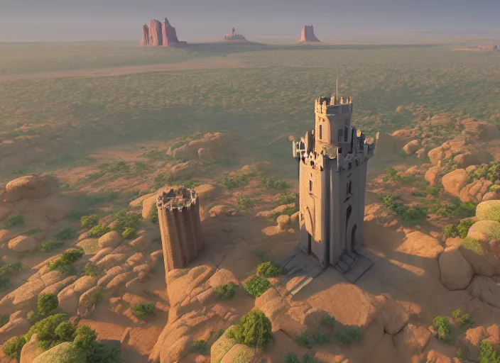 Image similar to overhead view of the great tower of the south in the desert of duhnes medium shot, studio ghibli, pixar and disney animation, sharp, rendered in unreal engine 5, anime key art by greg rutkowski, bloom, dramatic lighting