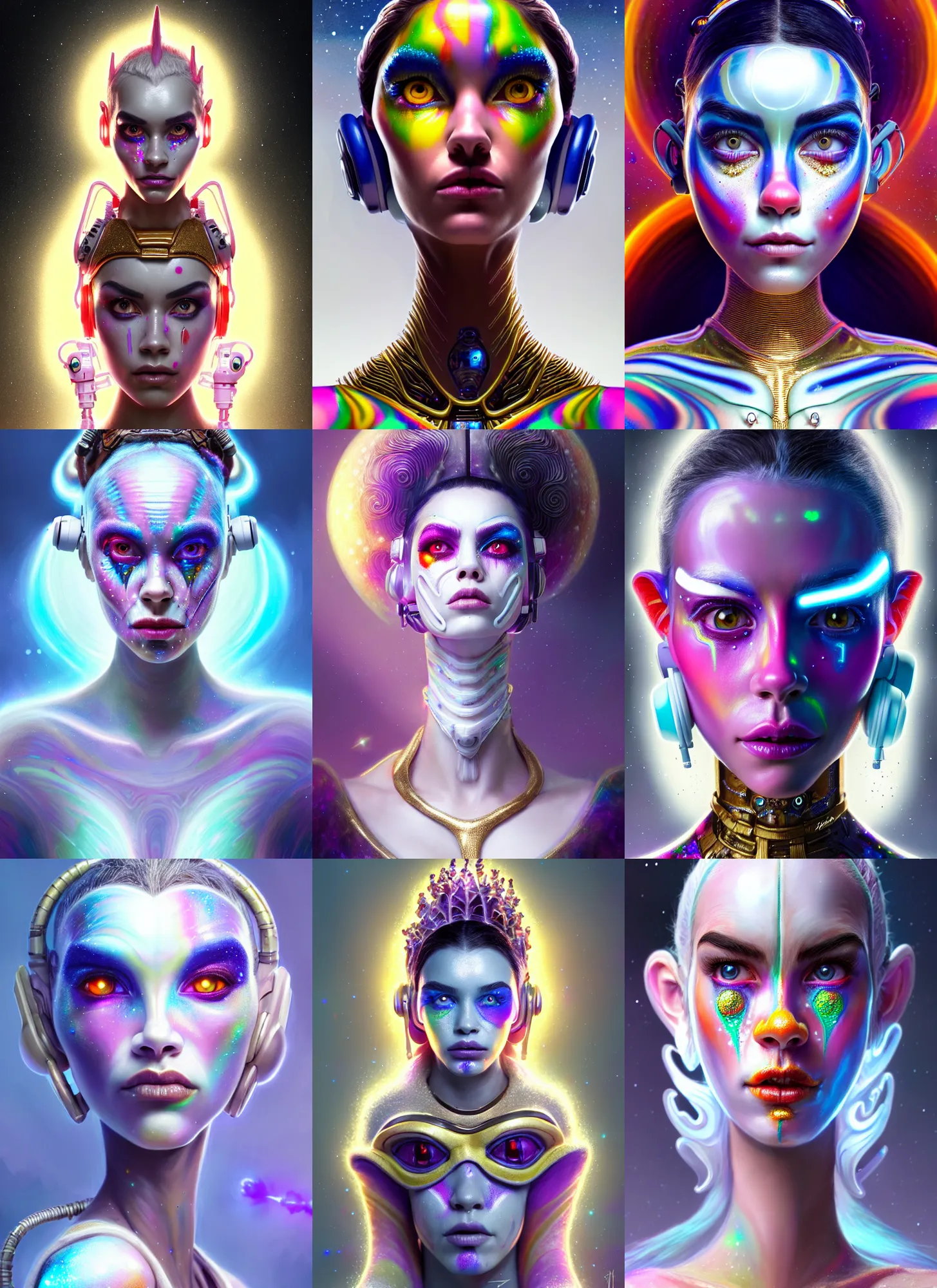 Prompt: bright white polished galactic gogo clowncore weta cyborg : : disney pixar star wars portrait, soft devil queen madison beer, bling airpods, hi - fructose, sci fi fantasy intricate decadent highly - detailed digital painting, golden ratio, octane render, artstation, concept art, smooth, sharp focus, illustration, mucha, loish, wlop