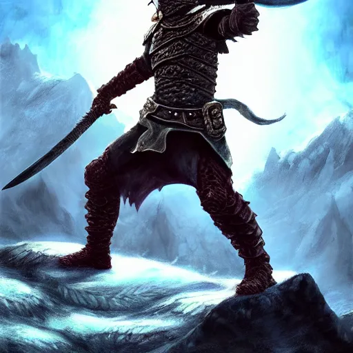 Image similar to dragonborn holding a sword, fantasy, landscape, dnd