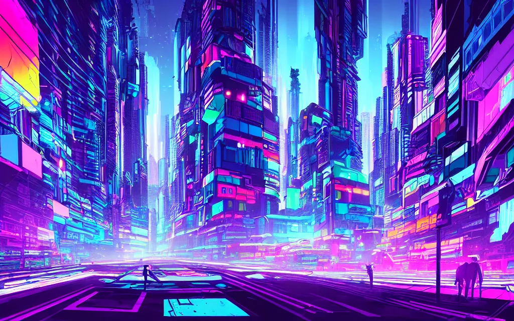 Prompt: technicolor hyperpop cyberpunk cityscape, future perfect, award winning digital art
