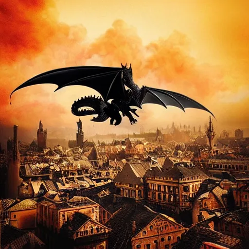 Image similar to “A black dragon flying over a burning medieval city, art station, award winning, 8K”