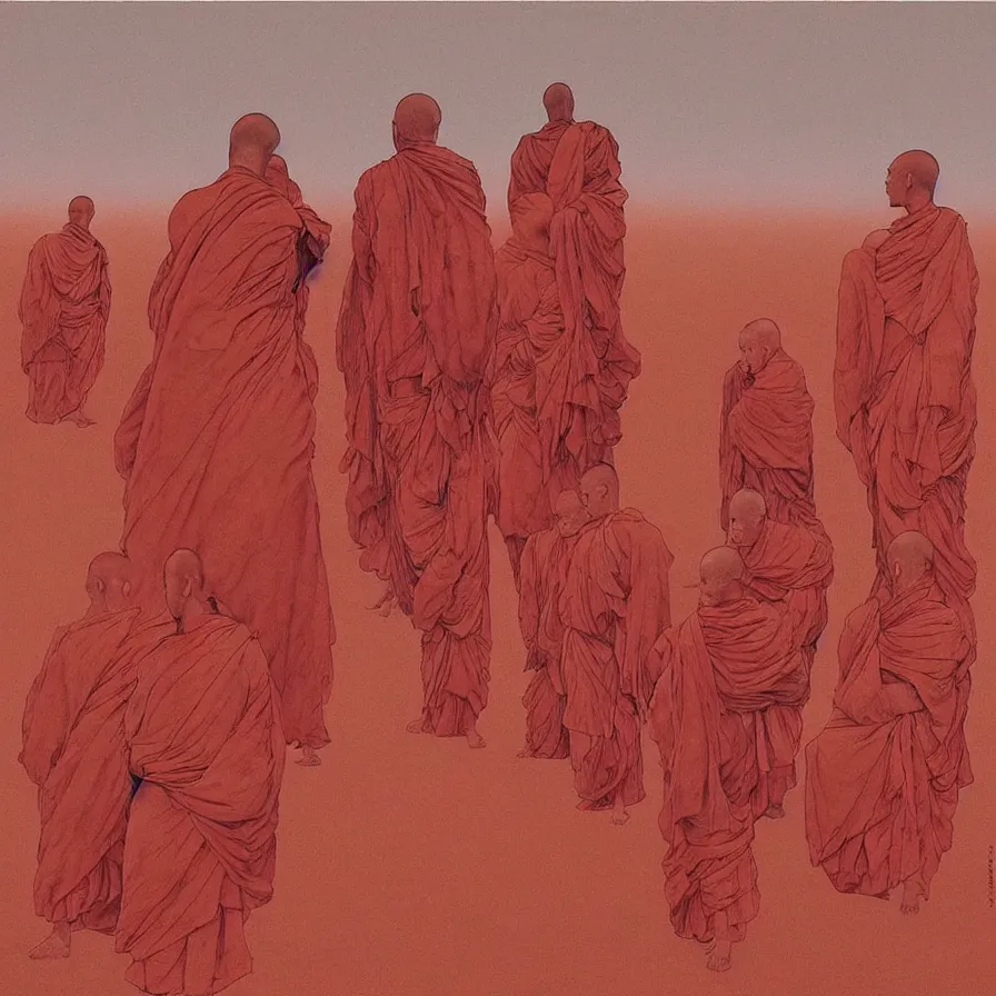 Image similar to faceless monks on a desert, red color scheme, high detailed beksinski painting, by adrian ghenie and gerhard richter. art by takato yamamoto. masterpiece, deep colours