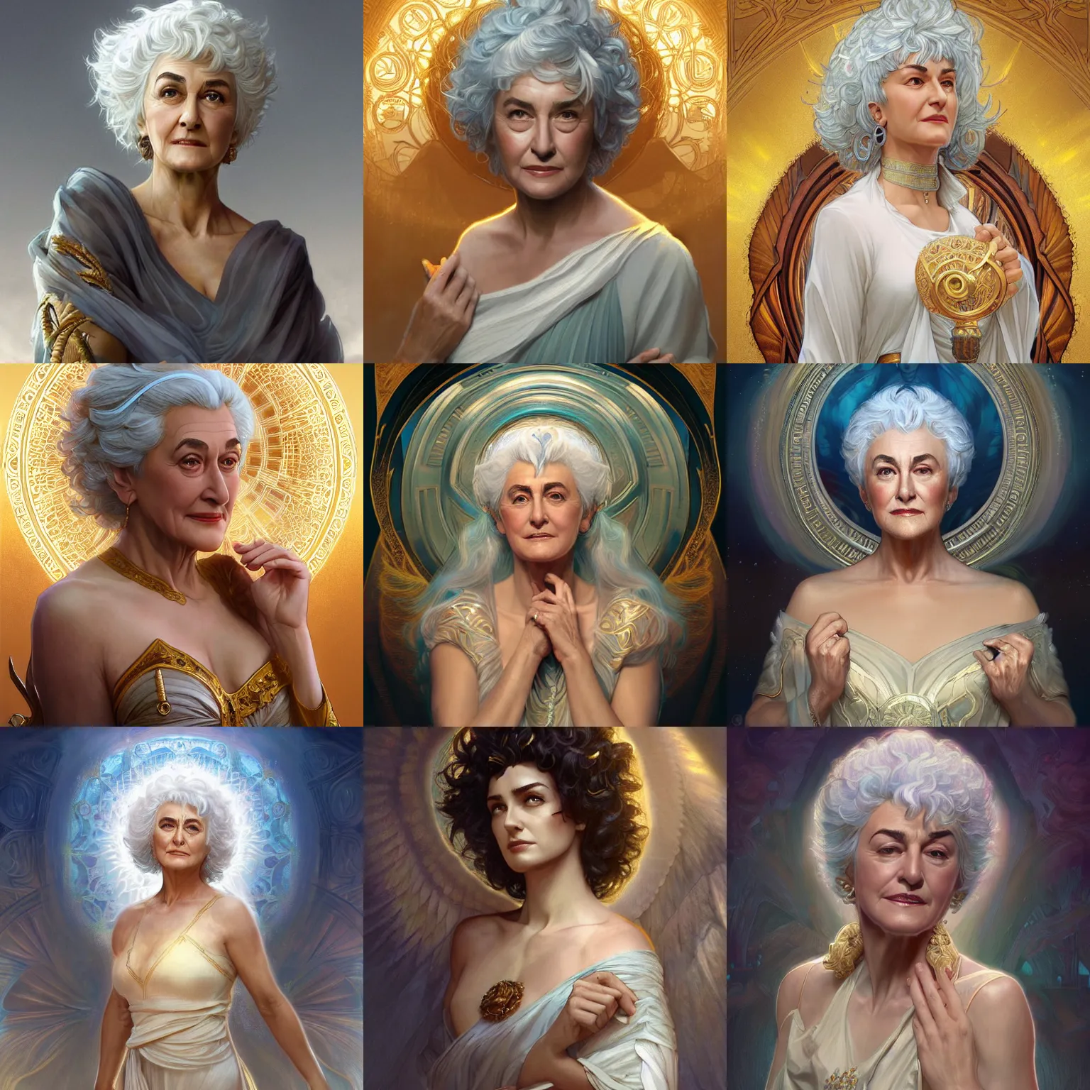 Prompt: Bea Arthur as goddess of hope, elpis, light hair, greek, happiness, intricate, elegant, ethereal, highly detailed, digital painting, artstation, concept art, smooth, sharp focus, illustration, art by artgerm and greg rutkowski and alphonse mucha