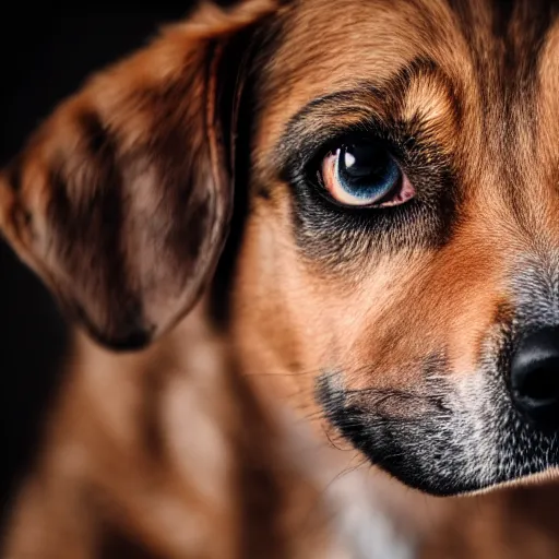 Prompt: closeup photo of a dog with human eyes, 4 k
