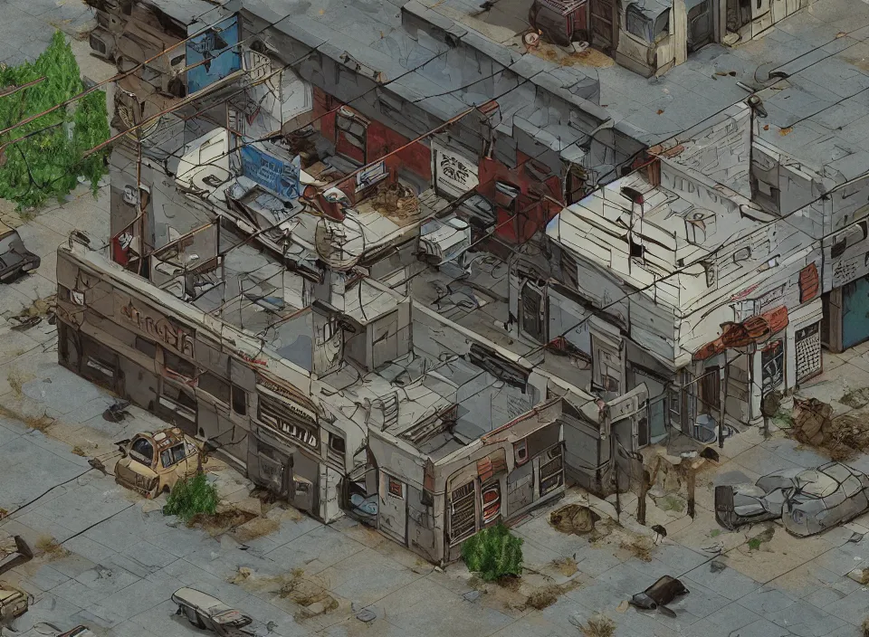 Prompt: Screenshot of the outside of an abandoned rusty Radio Shack in Fallout 2 (1998), isometric perspective, postapocalyptic, bird's eye view, prerendered isometric graphics, high quality