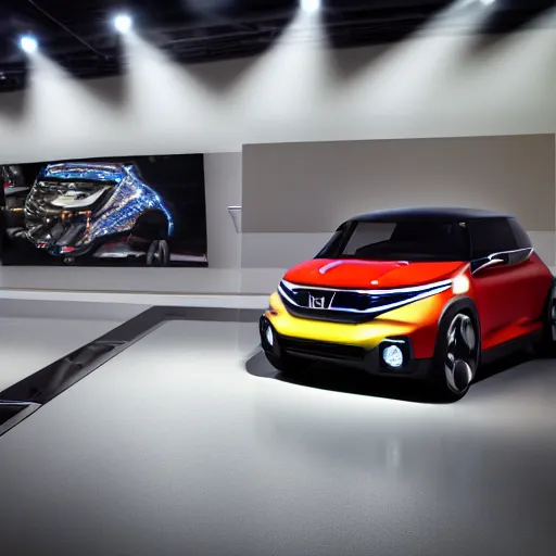 Prompt: high quality photo of new honda e mini concept car in showroom, cinematic lighting ,unreal engine, low DoF,