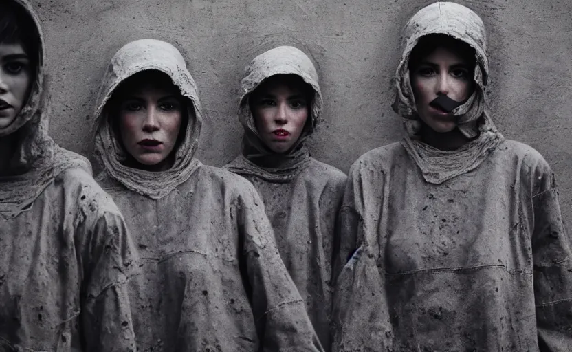 Image similar to cinestill 5 0 d photographic portrait by helen levitt of a group of diverse android women wearing rugged black mesh techwear in a cement maze, extreme closeup, modern cyberpunk, dust storm, 8 k, hd, high resolution, 3 5 mm, f / 3 2, ultra realistic faces, intricate detail, ex machina