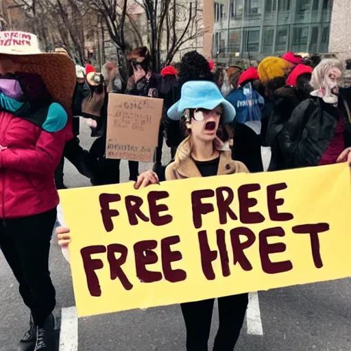 Prompt: protesters holding a sign that says free hat in the style of van gogh