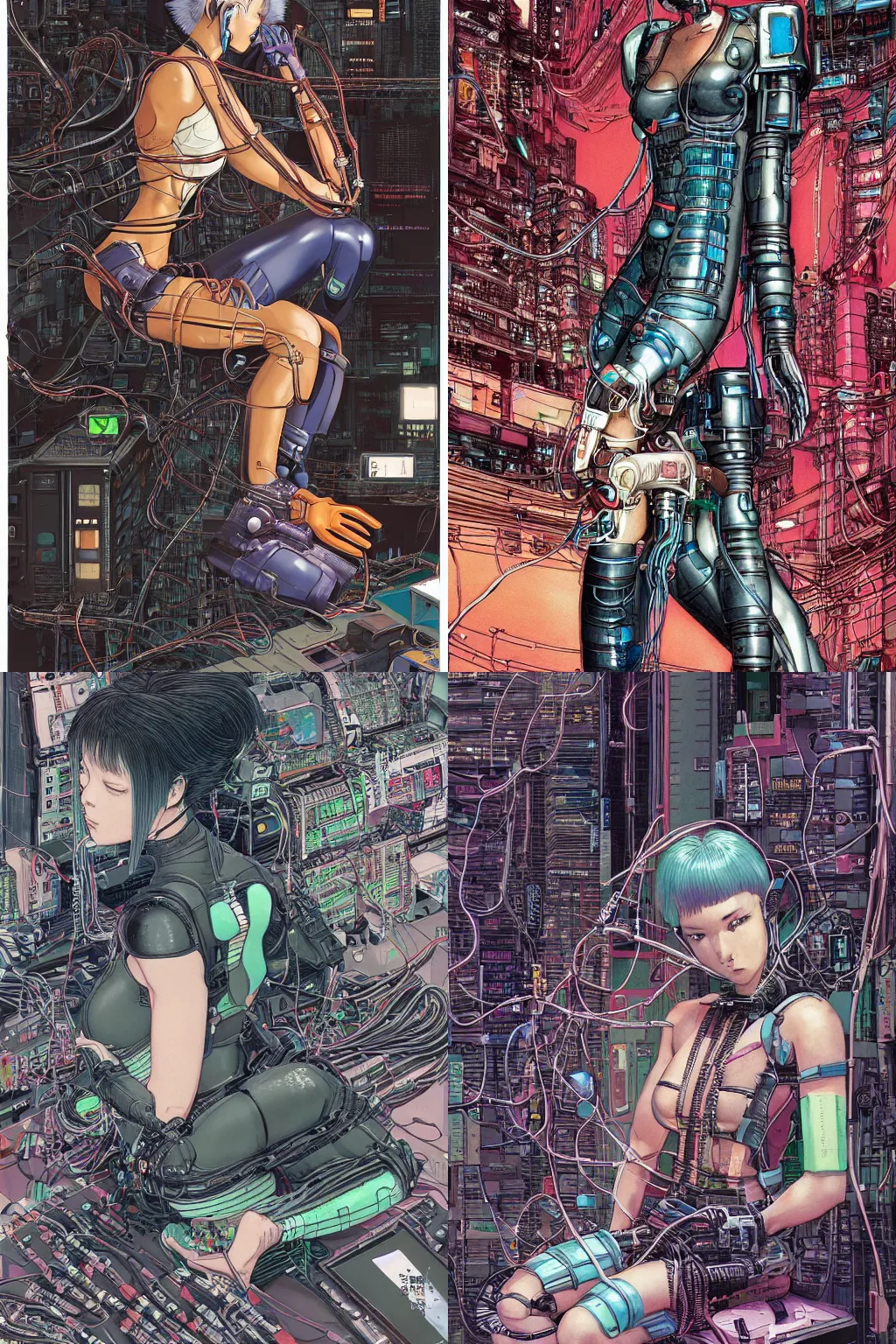 Prompt: an hyper-detailed cyberpunk illustration of a female android seated on the floor in a tech labor, seen from the side with her body open showing cables and wires coming out, by masamune shirow, and katsuhiro otomo, japan, 1980s, centered, colorful, motoko kusanagi haircut