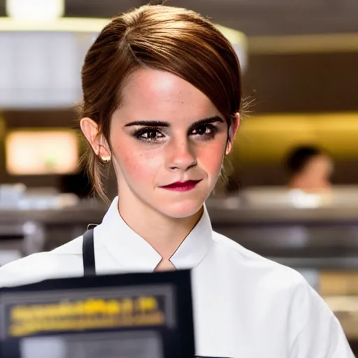 Prompt: emma watson as a mcdonald ’ s cashier, portrait, close up, shallow depth of field, award winning,