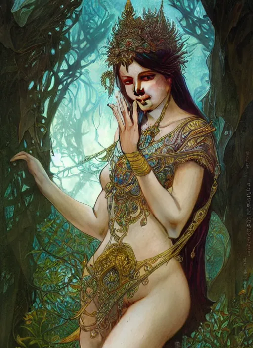 Image similar to kuntilanak on tree, d & d, wet, shiny, fantasy, intricate, elegant, higly detailed, dramatically art, ultra definition, digital painting, artstation, concept art, smooth, sharp focus, illustration, art by artgerm and greg rutkowski and alphonse mucha and garis edelweiss and alex flores