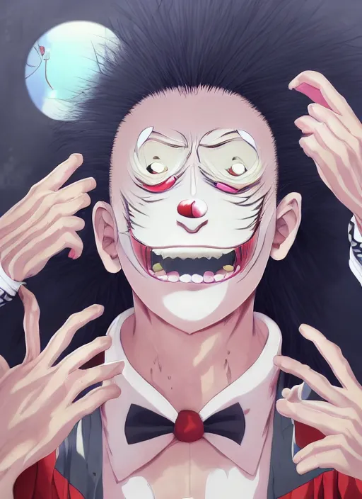 Image similar to portrait of the clown removing his makeup, anime fantasy illustration by tomoyuki yamasaki, kyoto studio, madhouse, ufotable, trending on artstation