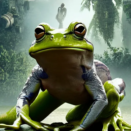 Image similar to frog - faced giant man, high definition movie, photorealistic detail, futuristic production, adventure movie, 8 k