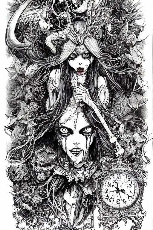 Image similar to Undead Alice in wonderland tarot card , pen and ink, intricate line drawings, by Yoshitaka Amano, Ruan Jia, Kentaro Miura, Artgerm, watercolor