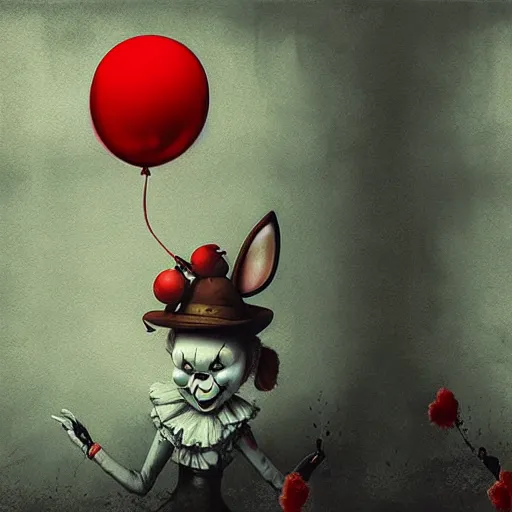 Image similar to grunge cartoon painting of a cartoon bunny and a red balloon by - michal karcz, loony toons style, pennywise style, horror theme, detailed, elegant, intricate