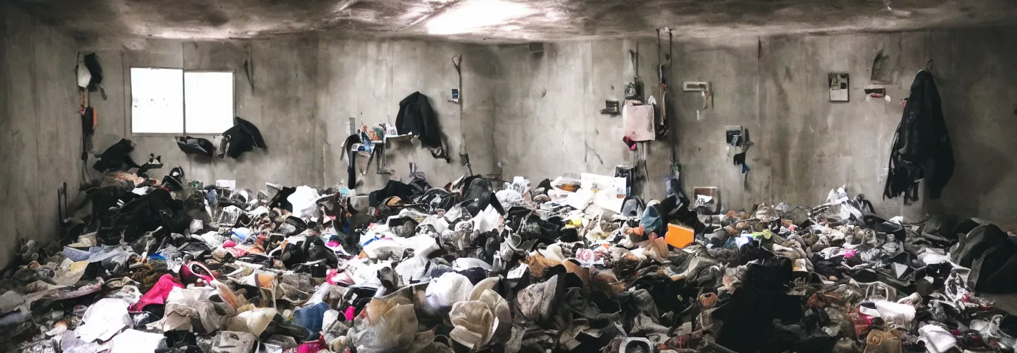 Prompt: concrete dungeon wall empty hikikomori neet bedroom messy, trash, hoarder, margiela campaign, hd go - pro