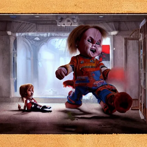 Image similar to the doll chucky cage fighting the doll annabelle in an epic mma fight, disneyland as backdrop, oil painting, by greg rutkowski