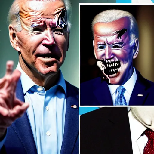 Image similar to president joe biden as a horrific zombie, white house full of zombies