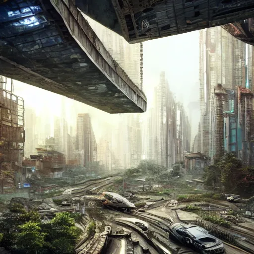 Image similar to beautiful nature reclaiming a dystopian city, cyberpunk, sharp focus, dynamic lights, still, photograph, hyper realistic, masterpiece, octane render, rendered, 3 d, cinematic, cinematic lighting, dramatic lighting, highly detailed, intricate details, texture, cinematic composition, wide shot, by donglu yu and kevin jick and eddie del rio