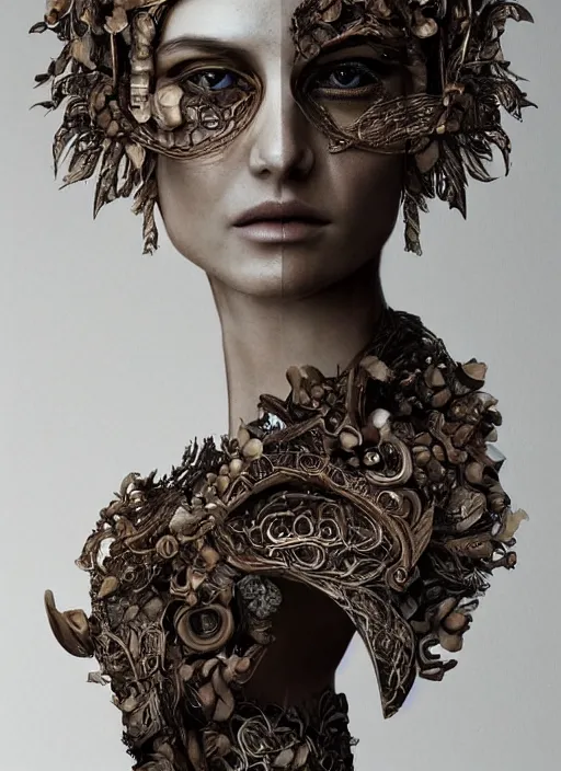 Image similar to sculpture made of wood, portrait, female, future, shaman, harper's bazaar, vogue, magazine, intricate, concept art, close up, ornate, luxury, elite, elegant, trending on artstation, by ruan jia, by Kenneth Willardt, by ross tran, by WLOP, by Andrei Riabovitchev,