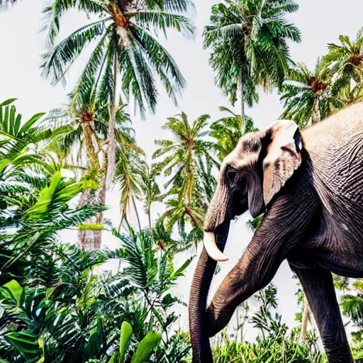 Prompt: an elephant sitting on a large spotted egg in a nest on top of a palm tree, nature photography