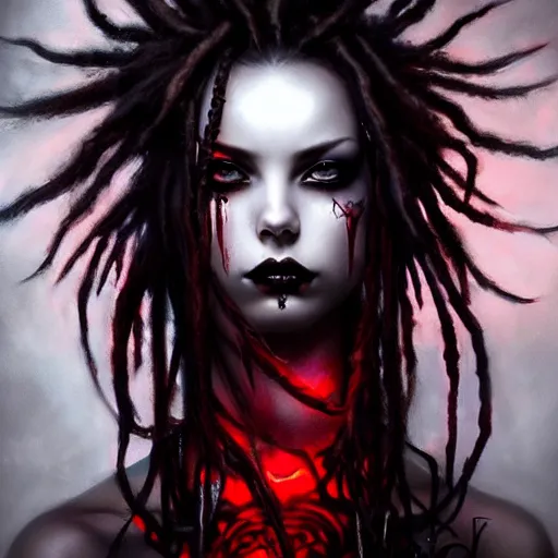 Prompt: photography flawless beautiful psychopathic female with blonde and red dreadlocks in a black ballgown, dark, piercing eyes, exotic expression, esoteric clothing, photorealistic, highly detailed, mysterious lighting, artstation, smooth, sharp focus, art by artgerm, greg rutkowski and luis royo