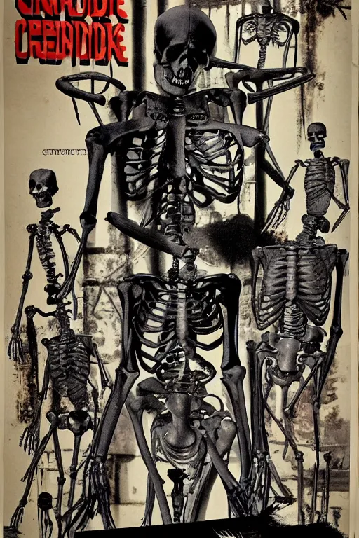 Image similar to vintage movie poster for horror movie, centipedes, skeletons, computers, cyberpunk