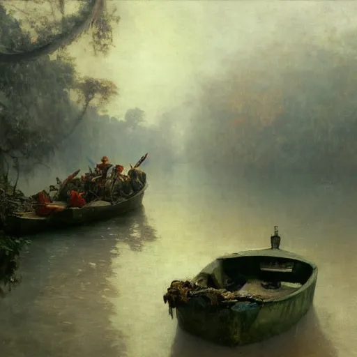 Image similar to wide jungle river army patrol boat tail of a crashed plane in the water ancient statues on the river banks, moody ambience, fog, smoke, dramatic, oil painting by repin, mucha, zorn, 4 k, trending on artstation