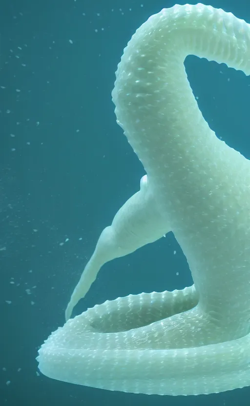 Image similar to humanoid sea lizard made of white translucent gelatin, under water, cinematic render, octane renderer