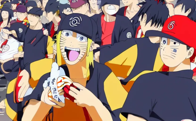 Image similar to Naruto enjoying a hot dog at a baseball game, anime scenery