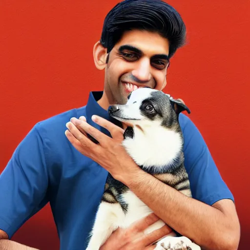 Image similar to rishi sunak holding a dog, photorealistic