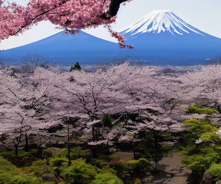 Image similar to mount fuji, japanese landscape with sakura trees, seen from a window of a train. beautiful! dlsr photo