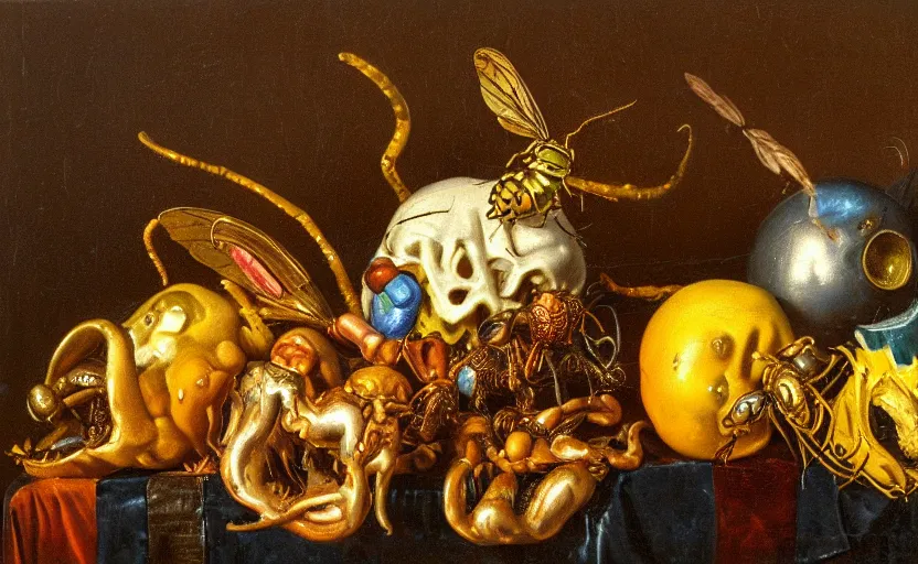 Image similar to disturbing colorful oil painting dutch golden age vanitas still life with bizarre objects strange gooey surfaces shiny metal bizarre insects rachel ruysch dali todd schorr very detailed perfect composition rule of thirds masterpiece canon 5 0 mm, cinematic lighting, photography, retro, film, kodachrome