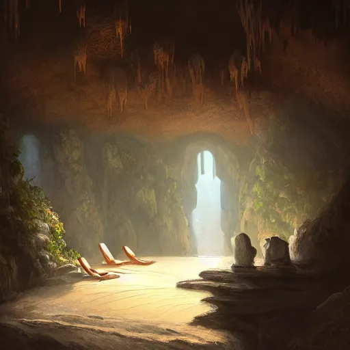 Prompt: cozy, empty bathhouse hidden in a cave, intimate candlelight, towels, cushions, natural light, lush plants and flowers, (((((((no people))))))))), elegant, smooth cave rock, fantasy, atmospheric lighting, digital painting, Greg Rutkowski concept art