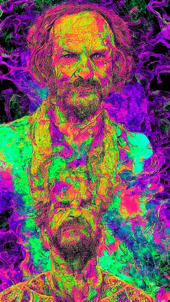 Image similar to terrance mckenna protrait with mushrooms fractals and fog, vivid psychadelic colorful